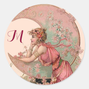 STARTEN/LADY VAN DE MON,STROMEN IN PINKMONOGRAM RONDE STICKER
