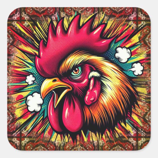 "Startled Mad Rooster"  Vierkante Sticker (Voorkant)