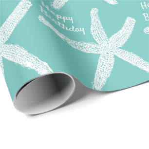 Starvissen Blauwgroen Witte strand Happy Birthday Cadeaupapier