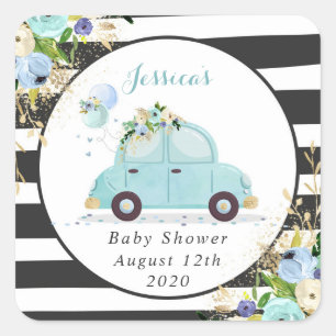 Station met Baby shower Blue Floral Favor Tag-stic Vierkante Sticker