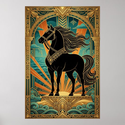 Statue de cheval noir Art Déco soleil levant sarce (Devant)