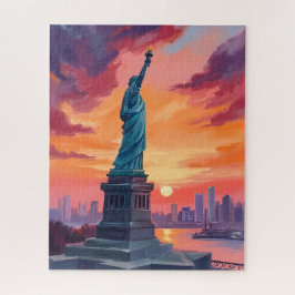 Statue of Liberty NYC Skyline Sunset Watercolor Legpuzzel
