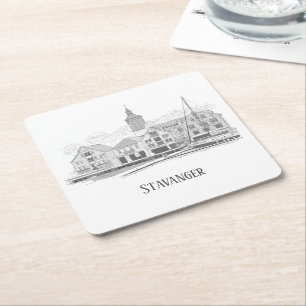 Stavanger Norway Beauful Streetscape Drawing Vierkante Kartonnen Onderzetter