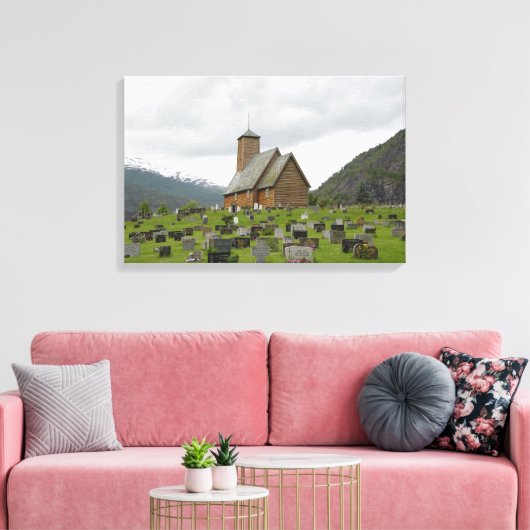 Stave kerk met begraafplaats in Noorwegen canvas (Insitu (Woonkamer))