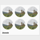 Stave-kerk met begraafplaats, langwerpsticker ronde sticker (Vel)