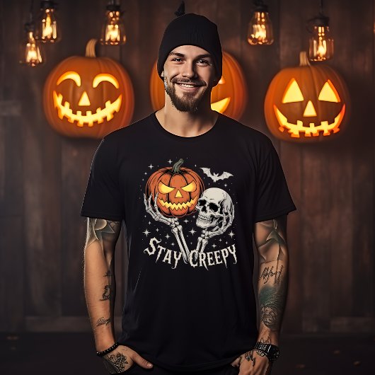 Stay Creepy Skeleton Hands Holding Pumpkin & Skull T-shirt