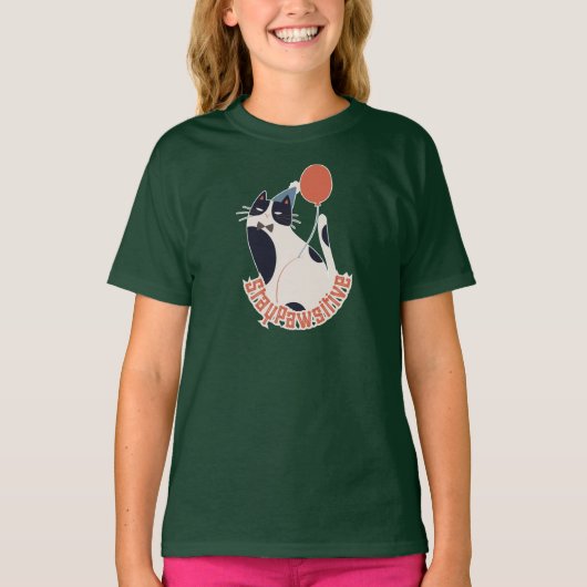 Stay Pawsitive Kids Deep Forest Green Tuxedo Cat B T-shirt (Voorkant)