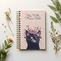 Stay Wild, Flower Child Cat Floral Spiral Notitieb