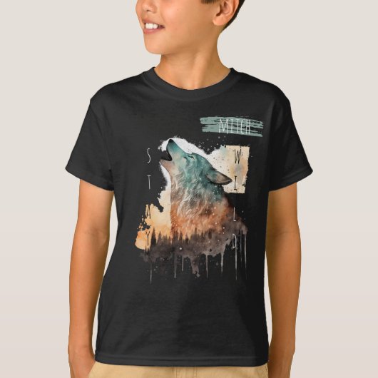 "Stay Wild" Howling Wolf  Boy's T-shirt (Voorkant)