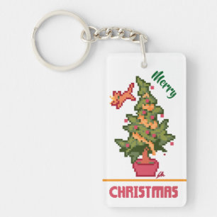 stealing cat, tree, Pixel Art, Merry Christmas  Sleutelhanger