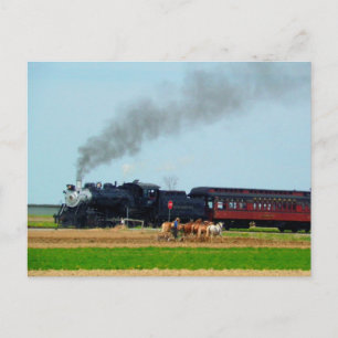 Steam Engine en Amish Farmer Briefkaart