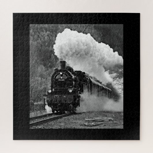 Steam engine locomotief black white train forest legpuzzel (Verticaal)