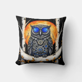 Steam Punk Blue Eyed Owl en Volle Maan Kussen