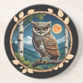Steam Punk Blue Eyed Owl en Volle Maan Zandsteen Onderzetter