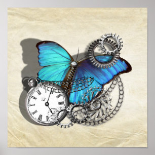 Steam Punk Butterfly Pocket Watch Silver Blauwgroe Poster