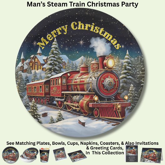 Steam Train Man's kerstfeest 9" Papieren Bordje