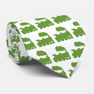 Steam Train Pattern - Avocado on White Stropdas