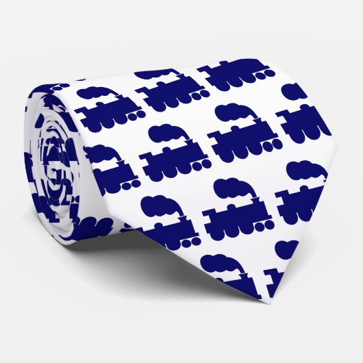 Steam Train Pattern - Deep Navy Blue op White Stropdas (Opgerold)