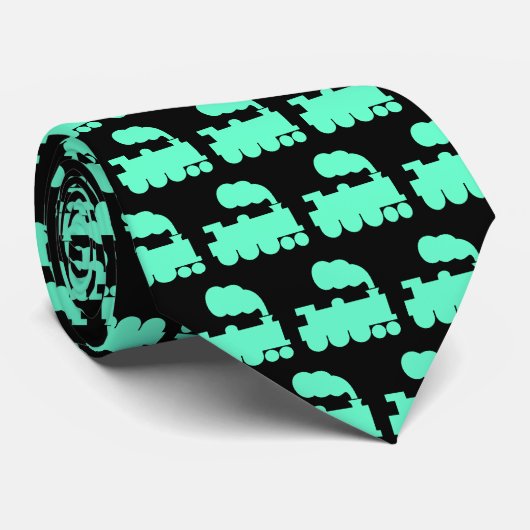 Steam Train Pattern - Turquoise on Black Stropdas (Opgerold)