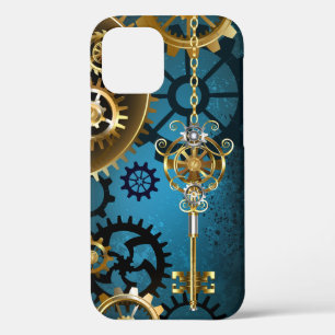 Steampun turquoise Achtergrond met tandwielen iPhone 12 Hoesje
