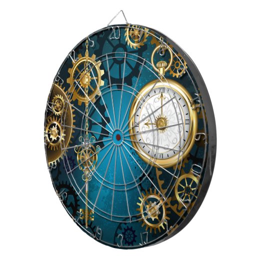Steampun turquoise Achtergrond met tandwielen Dartbord (Voorkant Rechts)