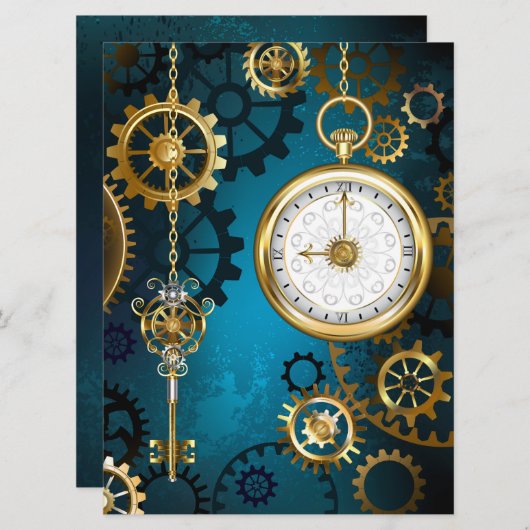 Steampun turquoise Achtergrond met tandwielen Feestdagenkaart (Voorkant / Achterkant)