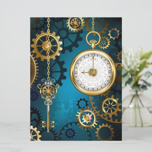 Steampun turquoise Achtergrond met tandwielen Feestdagenkaart (Staand voorkant)