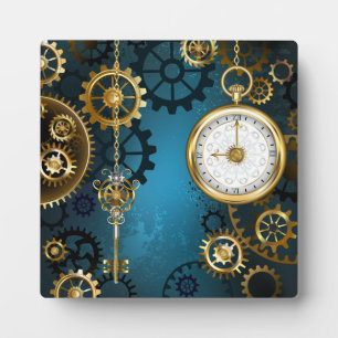 Steampun turquoise Achtergrond met tandwielen Fotoplaat