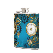 Steampun turquoise Achtergrond met tandwielen Heupfles (Links)