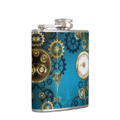 Steampun turquoise Achtergrond met tandwielen Heupfles (Rechts)