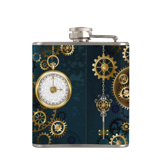 Steampun turquoise Achtergrond met tandwielen Heupfles (Achterkant)