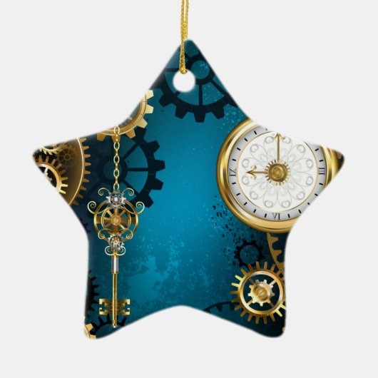 Steampun turquoise Achtergrond met tandwielen Keramisch Ornament (Voorkant)
