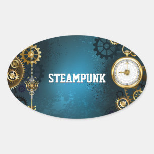 Steampun turquoise Achtergrond met tandwielen Ovale Sticker