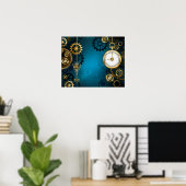 Steampun turquoise Achtergrond met tandwielen Poster (Thuiskantoor)