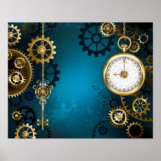 Steampun turquoise Achtergrond met tandwielen Poster (Voorkant)