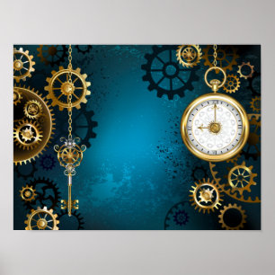 Steampun turquoise Achtergrond met tandwielen Poster