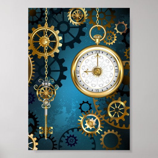 Steampun turquoise Achtergrond met tandwielen Poster (Voorkant)