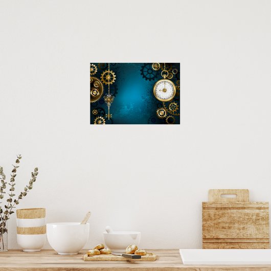 Steampun turquoise Achtergrond met tandwielen Poster (Keuken)