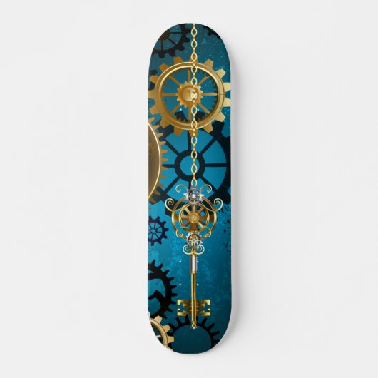 Steampun turquoise Achtergrond met tandwielen Skateboard (Voorkant)