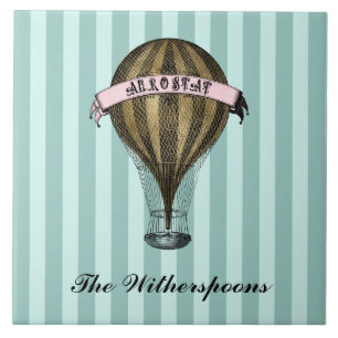 Steampunk Airship  Green Stripes Monogram Tegeltje