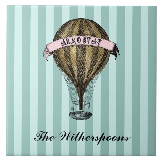 Steampunk Airship  Green Stripes Monogram Tegeltje (Voorkant)