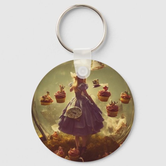 Steampunk Alice en Cupcakes AI Generated Art Sleutelhanger (Voorkant)