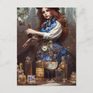 Steampunk Alice in het lab Briefkaart