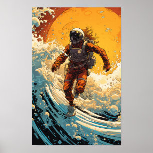 Steampunk Astronaut Surfen in Sci-Fi Surrealisme P Poster