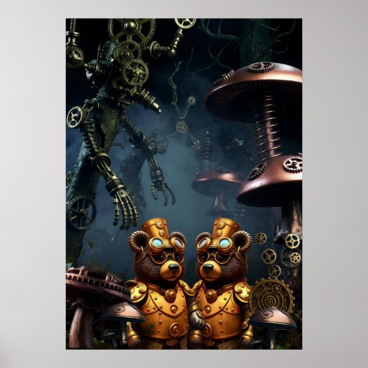 Steampunk Bears in Clockwork Forest Fantasy Art Poster (Voorkant)