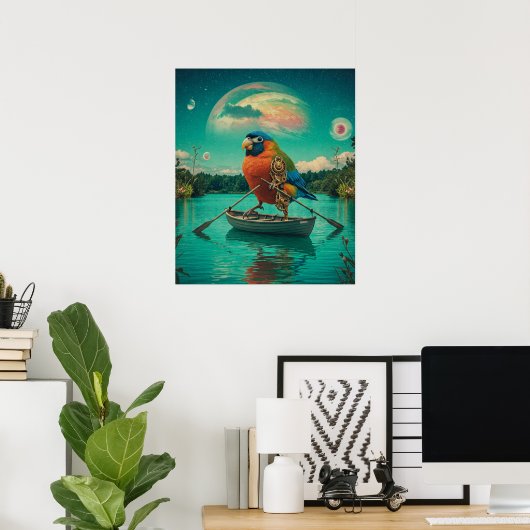 Steampunk Bird Rowing Surreal Lake Cosmic Poster (Thuiskantoor)