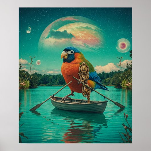 Steampunk Bird Rowing Surreal Lake Cosmic Poster (Voorkant)