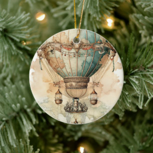  Steampunk Blauwe Hete Luchtballon (2) Keramisch Ornament