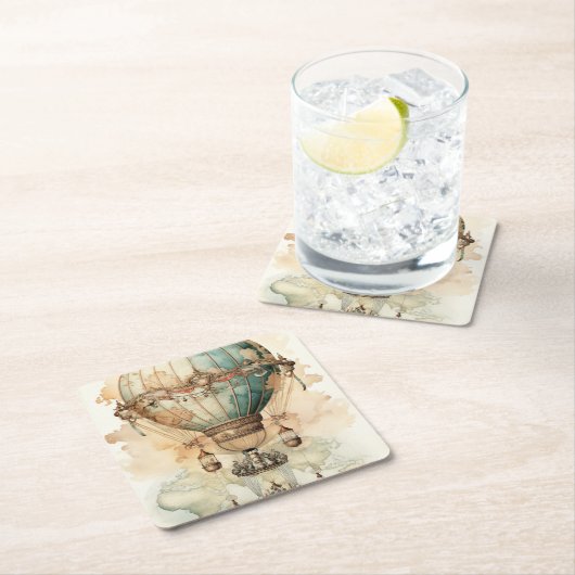 Steampunk Blauwe Hete Luchtballon (2) Vierkante Kartonnen Onderzetter (Insitu)