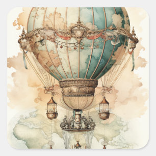  Steampunk Blauwe Hete Luchtballon (2) Vierkante Sticker